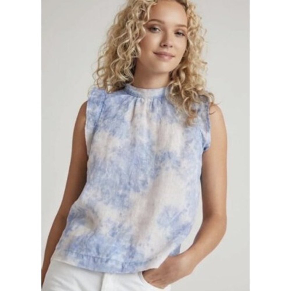 Bella Dahl | Blue White Tie Dye‎ Linen Ruffle Button Back Sleeveless Top